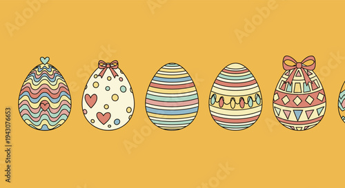 Row of beautifully decorated Easter eggs with different patterns like stripes, hearts, and dots on a bright yellow background.