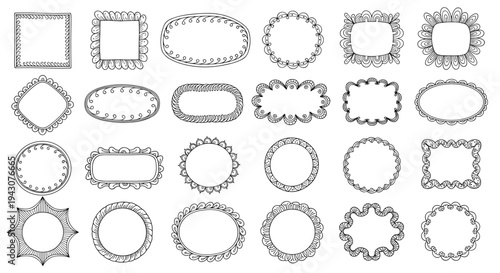 Large set of diverse hand-drawn decorative frames and borders in various shapes like circles, squares, and ovals for artistic designs.