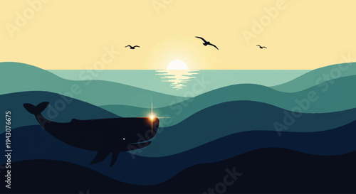 Serene ocean sunset with a whale silhouette and seagulls flying gracefully over rippling waves