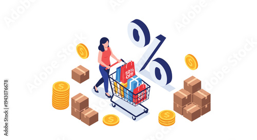 Isometric illustration of a woman with a shopping cart full of gifts and boxes next to a large percentage symbol and gold coins.