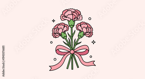 A vibrant bouquet of pink carnations tied with a ribbon, featuring a playful and modern illustration style