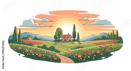 Beautiful rural farm landscape with a small house, flower fields, rolling hills, and a path at sunset for a peaceful nature scene.