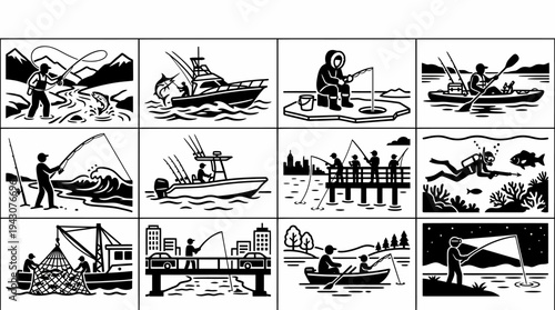 Fishing Icons Set - Diverse Angling Activities and Scenes