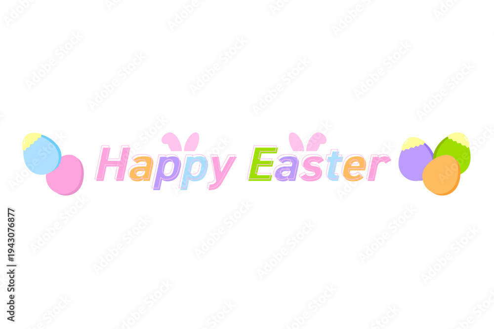 Obraz premium カラフルなHappy Easterロゴとイースターエッグ｜Colorful Happy Easter Typography with Easter Eggs Vector