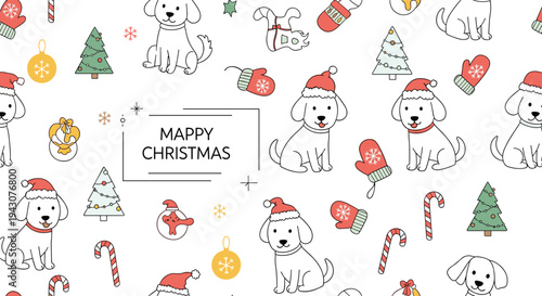 Cute Christmas seamless pattern featuring hand drawn dogs in santa hats with holiday elements like trees and mittens on white background.
