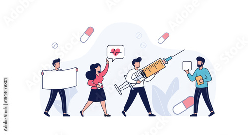 Medical team of healthcare professionals working together with a giant syringe and documents to promote health and vaccination.