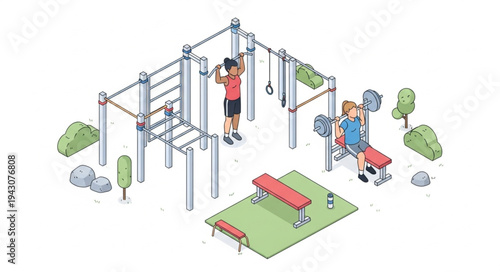 Isometric Outdoor Fitness Gym Equipment Illustration.