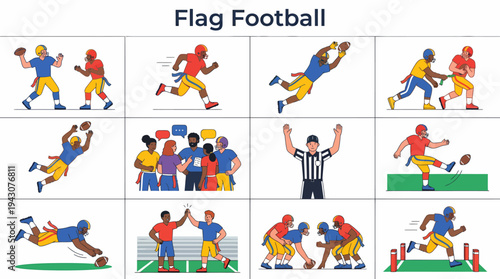 Flag Football Game Action - Flat Vector Illustrations Set
