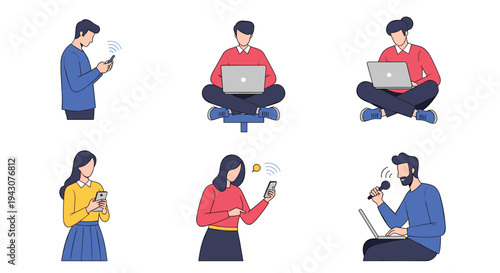 Collection of people characters using various digital devices like laptops and smartphones for remote work, study, and communication.