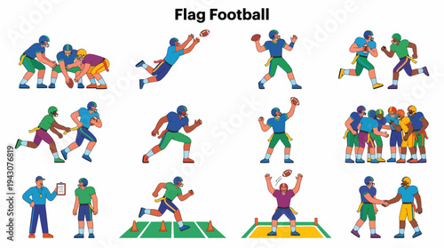 Flag Football Players Action Poses Vector Illustration Set