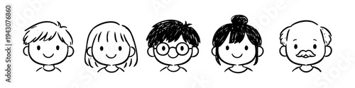 Hand-drawn doodle avatars of a diverse family or community, featuring children, adults, and an elderly man. Minimalist black line art style of smiling faces on a white background.