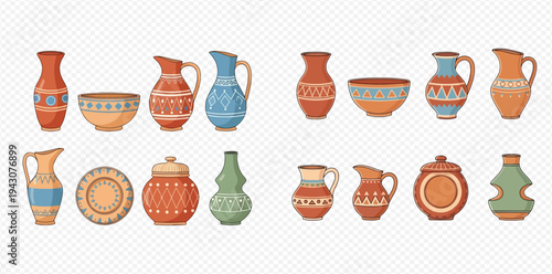 Collection of traditional clay pottery and ceramic tableware with decorative patterns on transparent background.