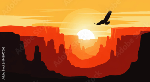 Majestic eagle soaring over a sun-drenched canyon during a vibrant sunset, evoking freedom and natural beauty