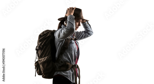 Young adventurous traveler with backpack and hat exploring new destinations