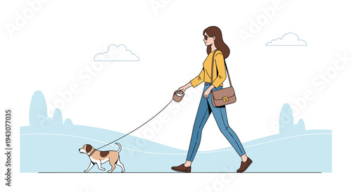 Professional woman in stylish casual clothes walking her dog on a leash through a peaceful green park on a sunny day.