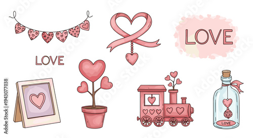 Collection of sweet pink Valentine's Day elements featuring hearts, a toy train, a potted plant, and a message in a bottle.