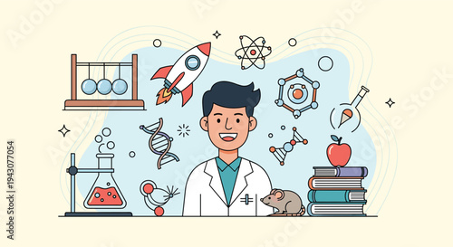 Friendly male scientist in a white lab coat surrounded by various science equipment and educational symbols in a lab.