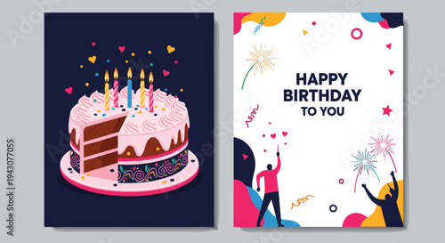 Festive birthday celebration set with a delicious layered cake and a greeting card featuring fireworks and happy people.
