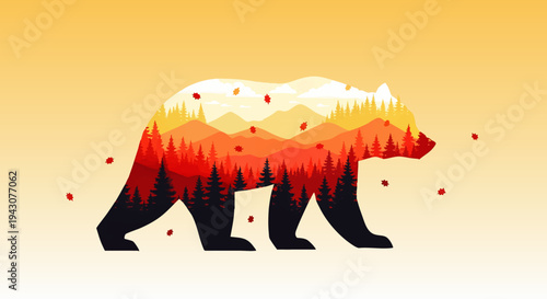 Abstract Silhouette of a Bear filled with a Vibrant Autumn Mountain Landscape Illustration