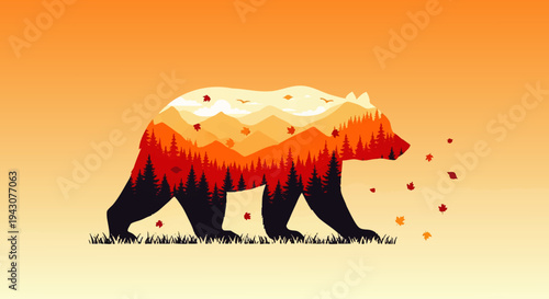 A stylized bear silhouette filled with a fiery autumn landscape of trees, mountains, and falling leaves, set against a warm gradient orange sky