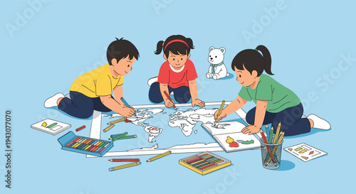 Three diverse children happily coloring a large map of the world together on the floor using crayons and pencils at school.