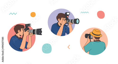 Group of professional male photographers using high end cameras with large lenses showcased in colorful circular frames over abstract design.
