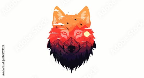 Stunning graphic illustration of a wolf head silhouette, filled with a vibrant sunset mountain and forest landscape, embodying the wild spirit and serene power of untamed nature