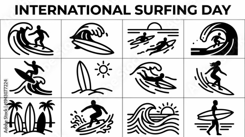 International Surfing Day Icons: Surfers Riding Waves, Surfboards