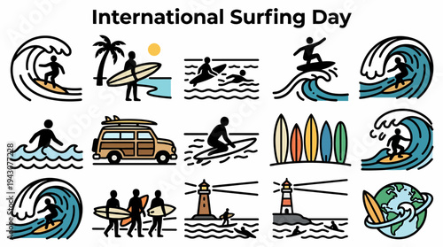 International Surfing Day Icons Set