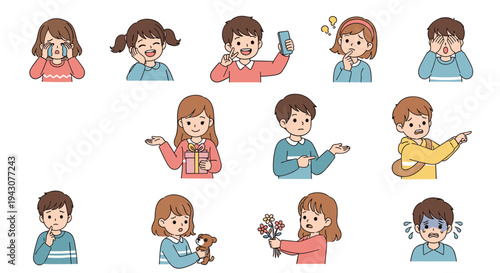 Large set of children characters expressing various emotions like crying, laughing, thinking, pointing, and being scared in different poses.