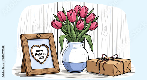 A charming Mother's Day scene featuring a vase of pink tulips, a framed greeting, and wrapped gifts in a rustic style