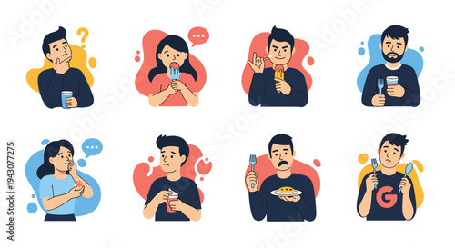 Diverse group of people with different expressions while enjoying various types of food, ice cream, and snacks on colorful liquid backgrounds.