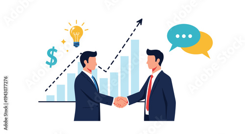 Two successful businessmen shaking hands in front of a rising bar chart with light bulb, dollar sign, and speech bubble icons in background.