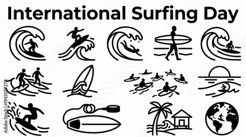 International Surfing Day Icons: Waves, Surfers, Surfboards, Beach