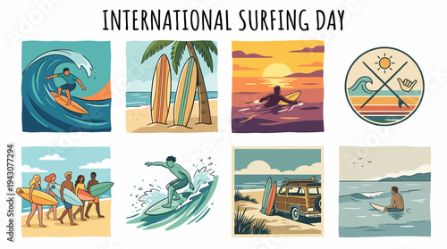 International Surfing Day: Surfers, Surfboards, Waves & Beach Scenes
