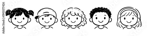 Hand-drawn set of five diverse children's faces. Minimalist black and white line art doodles of smiling kids. Inclusive cartoon group for education and childhood projects.