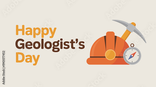 Geologists Day celebration with mining helmet pickaxe and compass on beige background