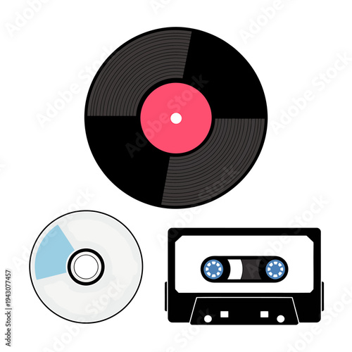 Vinyl record CD and cassette tape media formats for music and audio