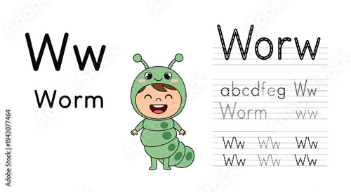 Educational worksheet for preschool kids learning the letter W with a boy in a worm costume and various writing practice lines and words.