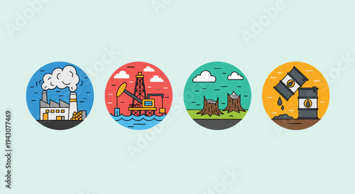 Four descriptive icons representing different types of environmental pollution including factory smoke, oil drilling, and deforestation.