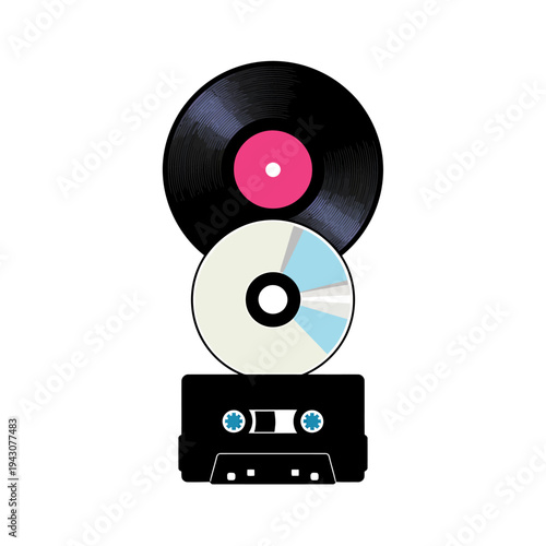 Vinyl record compact disc and cassette tape stacked vertically on white background