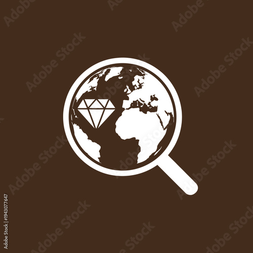 Magnifying glass globe with diamond magnifying earth continents map