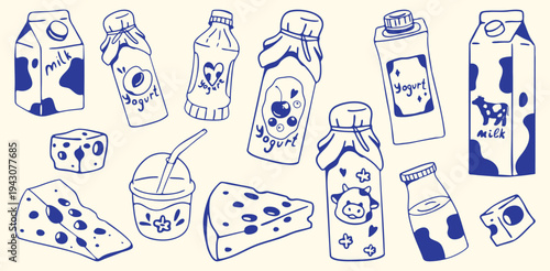 Hand drawn dairy products vector set in cozy doodle sketch style. Milk cartons, yogurt bottles, cheese slices and dairy drinks. Cute farm food collection. Minimal blue outline illustration