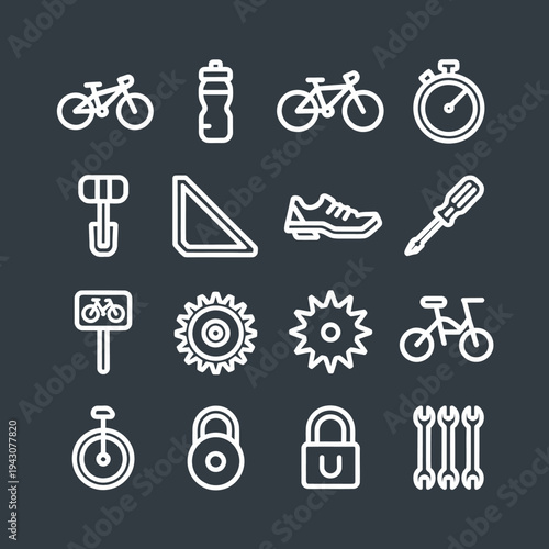 Collection of white line icons on dark gray background for fitness and sports