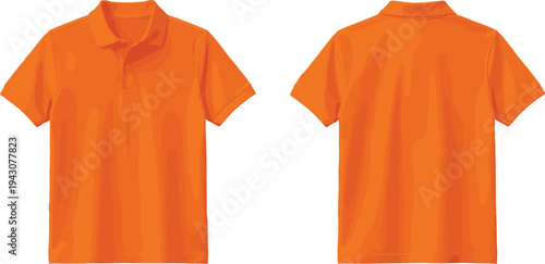 Orange polo shirt mockup with front and back view, short sleeve collared t shirt template for fashion apparel branding and clothing design vector