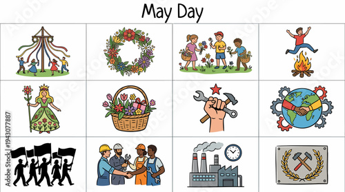May Day Celebration and Labor Day Symbols Collage