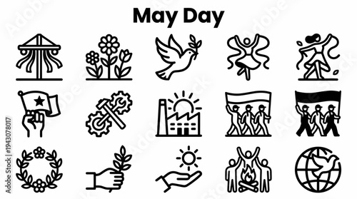 May Day Icons: Labor, Peace, Spring Celebration Vector Set