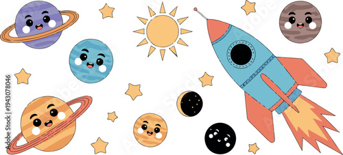 Cute cartoon space elements set with smiling planets rocket stars moon sun and galaxy objects vector illustration