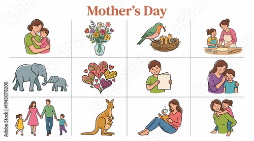 Mother's Day Celebration: Family, Love, and Nature Illustrations