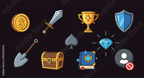 Collection of colorful game asset icons including a sword, shield, gold coin, trophy, and treasure chest on a dark background.